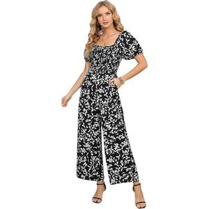 Fashion Floral Jumpsuits for Women Casual Loose Romper Short Sleeve Black Leaf